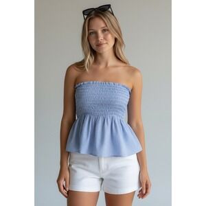 NEW Blue White Pinstripe Smocked Peplum Tube Top Size L Core Summer Strapless